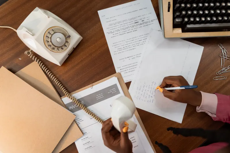Hands writing a letter at a desk covered in paperwork