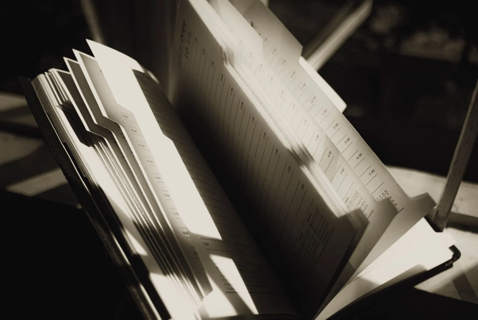 Pages of an old ledger calendar fanned open