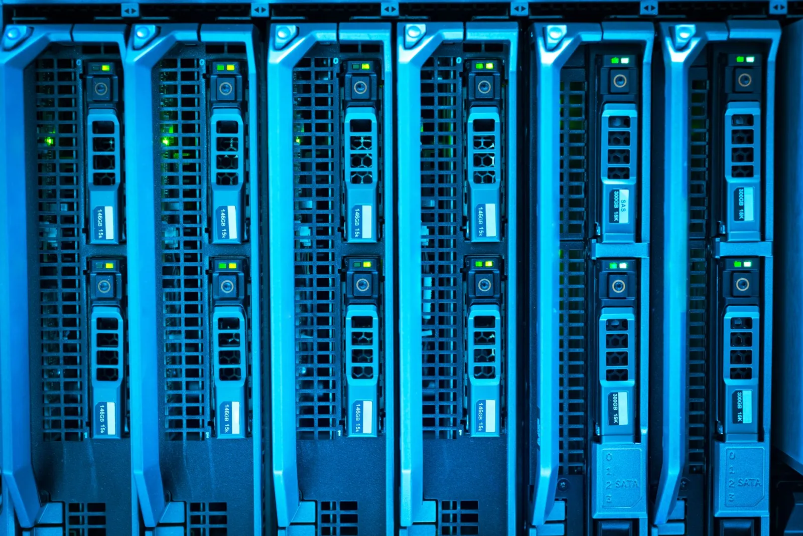 Rows of data center servers like the systems that hold credit files