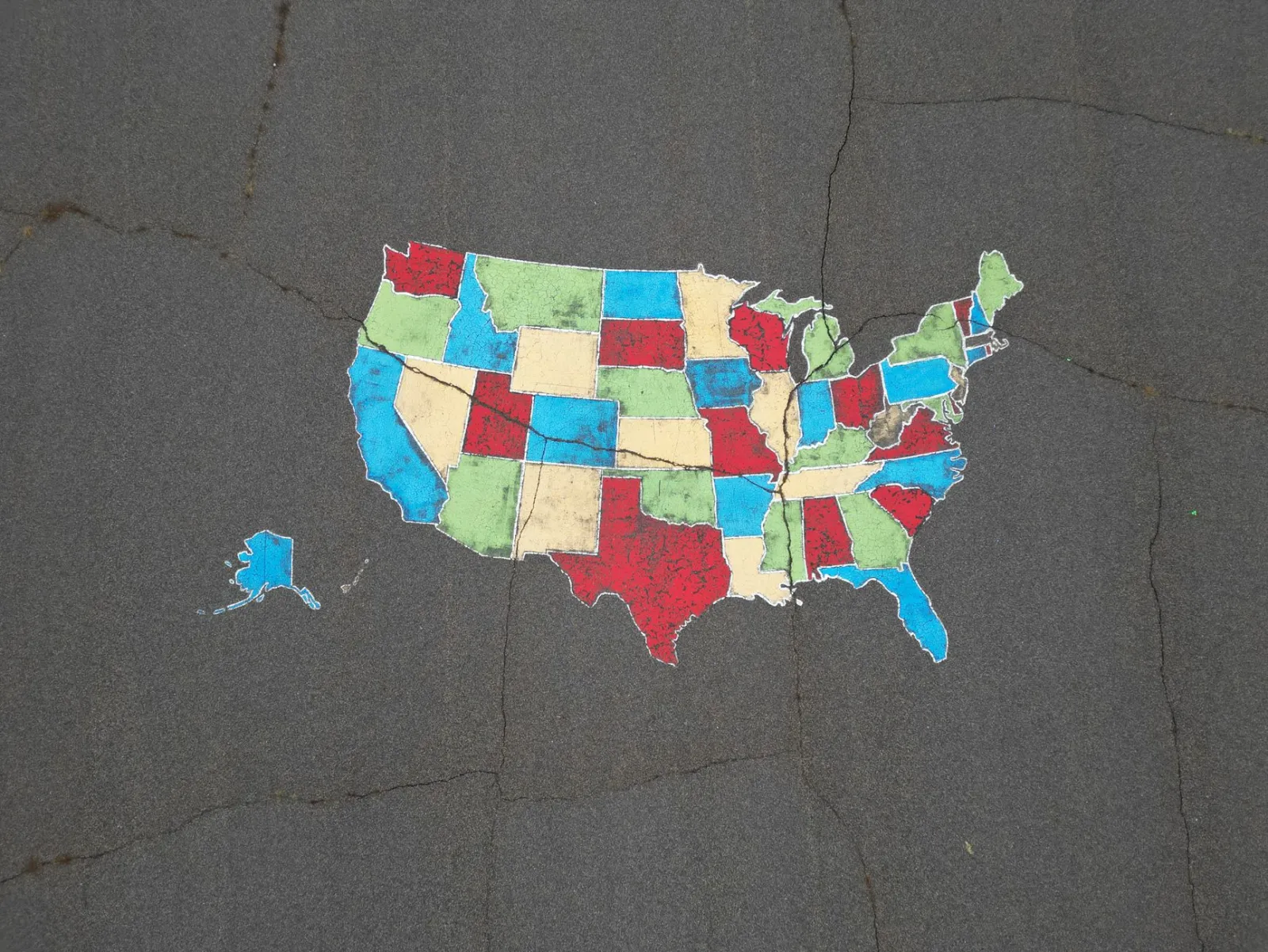 Hand-painted map of the United States with each state in its own color